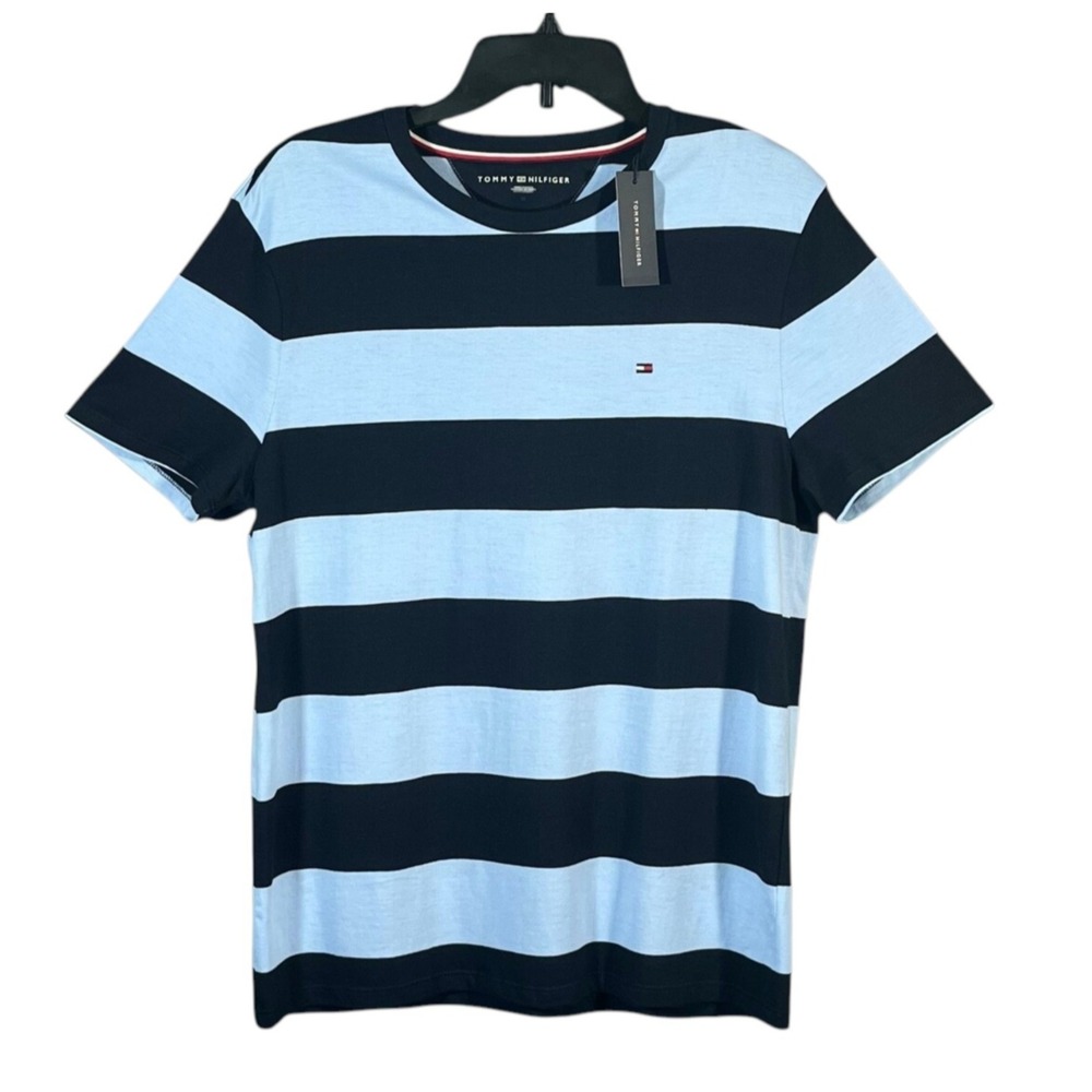 Tommy Hilfiger Mens Crew Neck Stripe T-Shirt Size L Navy Sky Blue Stretch Fabric